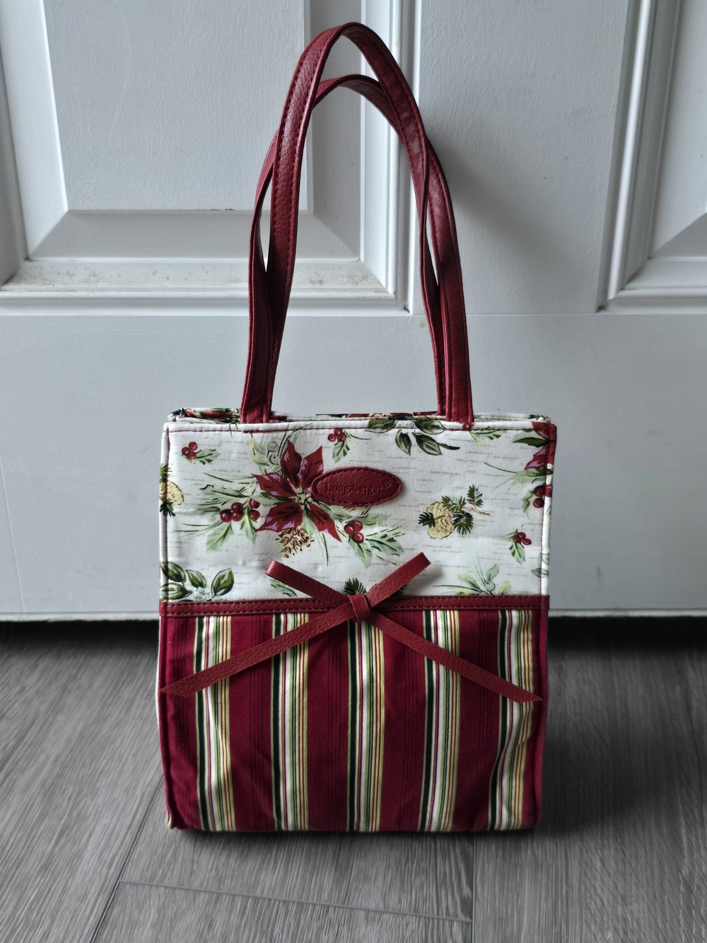 Longaberger Holiday Botanical Stripe Poinsettia Tote Bag Christmas Red Bow